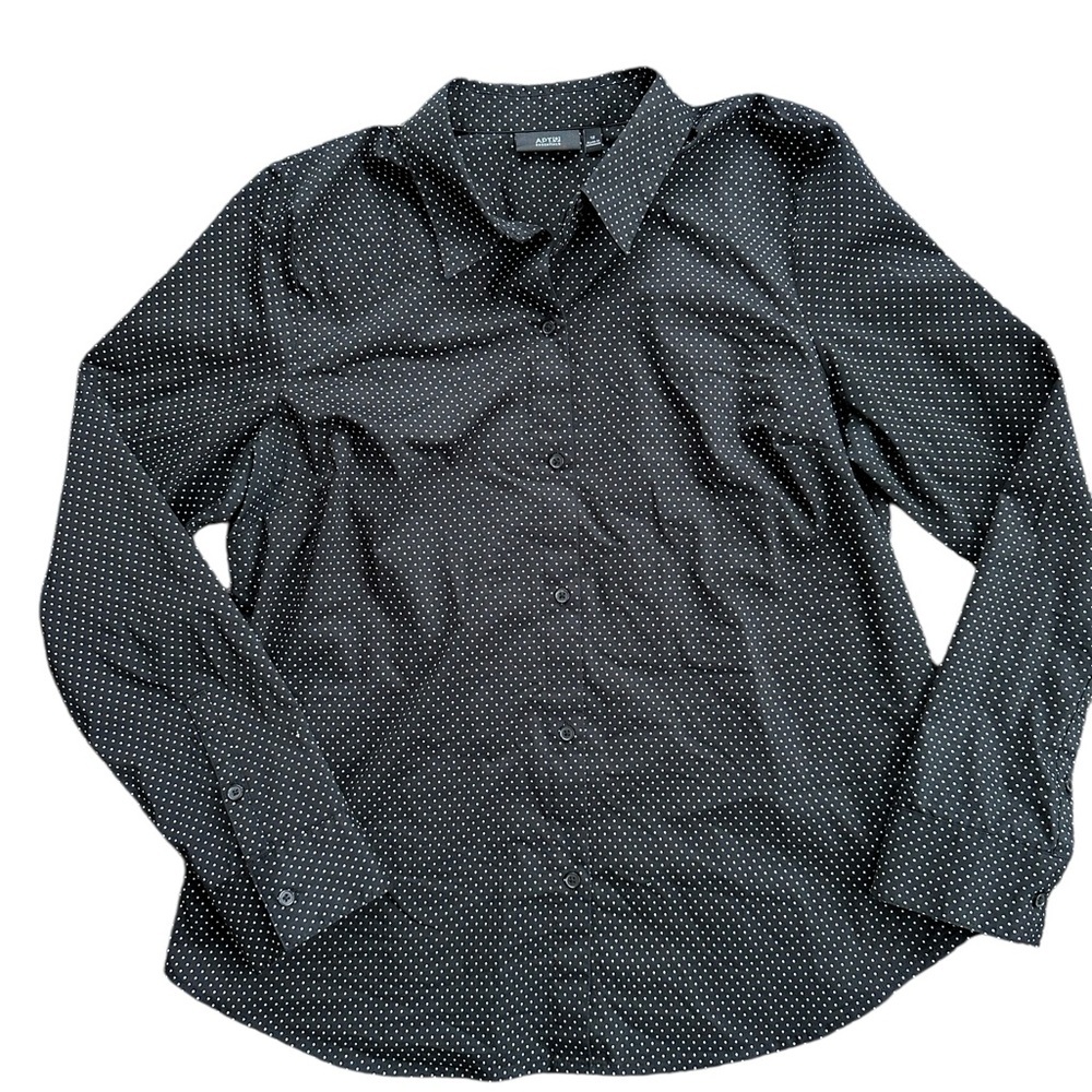 Apt 9 Polka Dot Button Down Shirt Women 12 Black Excellent Stretch Long Sleeve